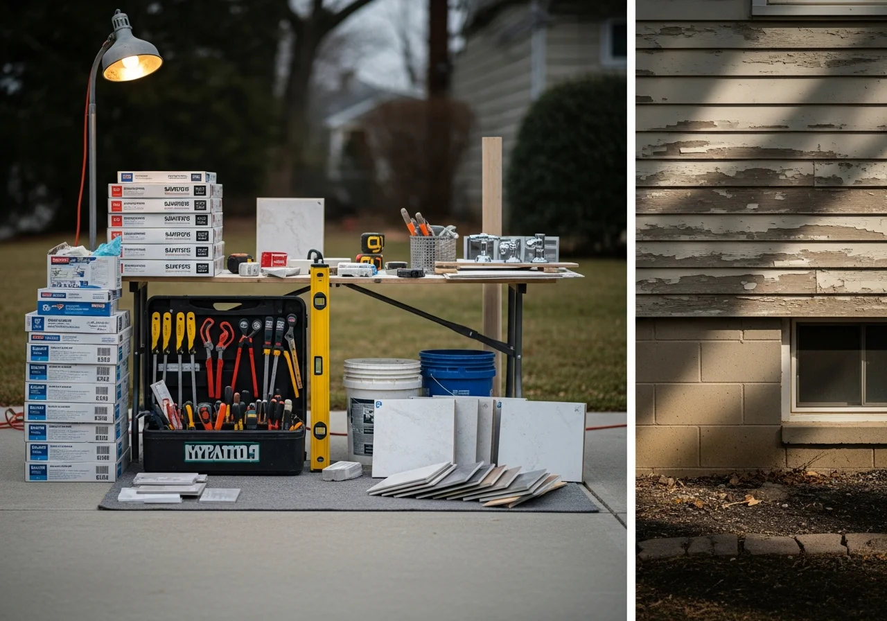 Construction crew tools and materials on a residential job site, ready for remodeling work.