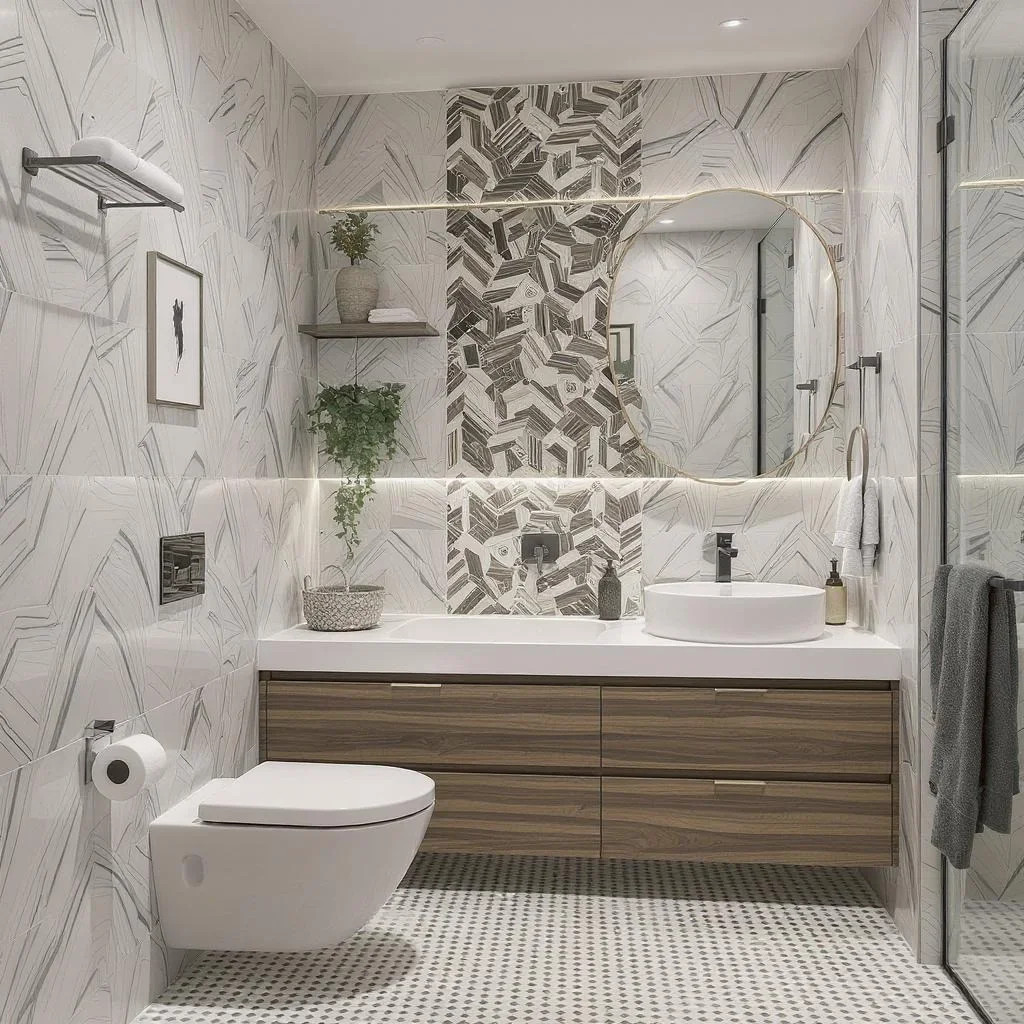 Modern bathroom with white marble walls, wood vanity, and geometric tile accents