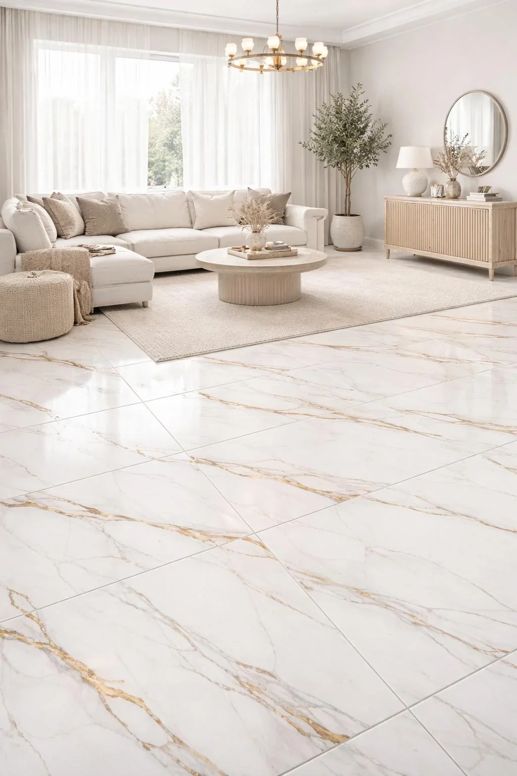 White marble tile flooring with gold veining in modern living room