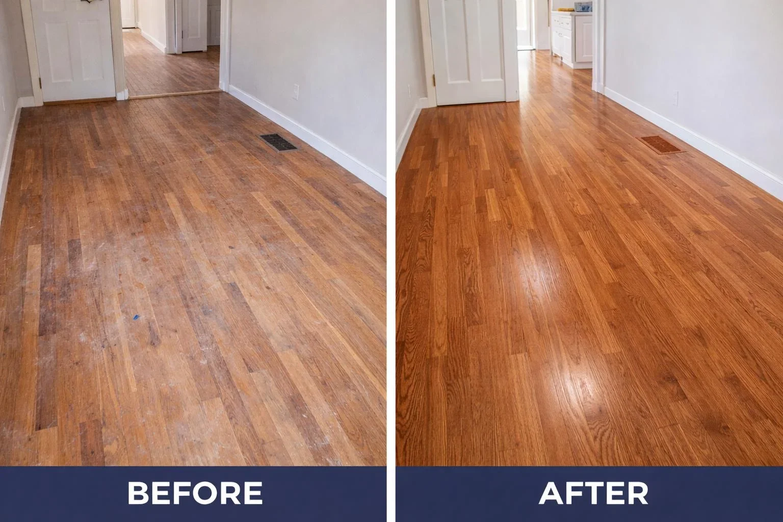 Before and after hardwood floor refinishing showing worn wood restored to glossy finish