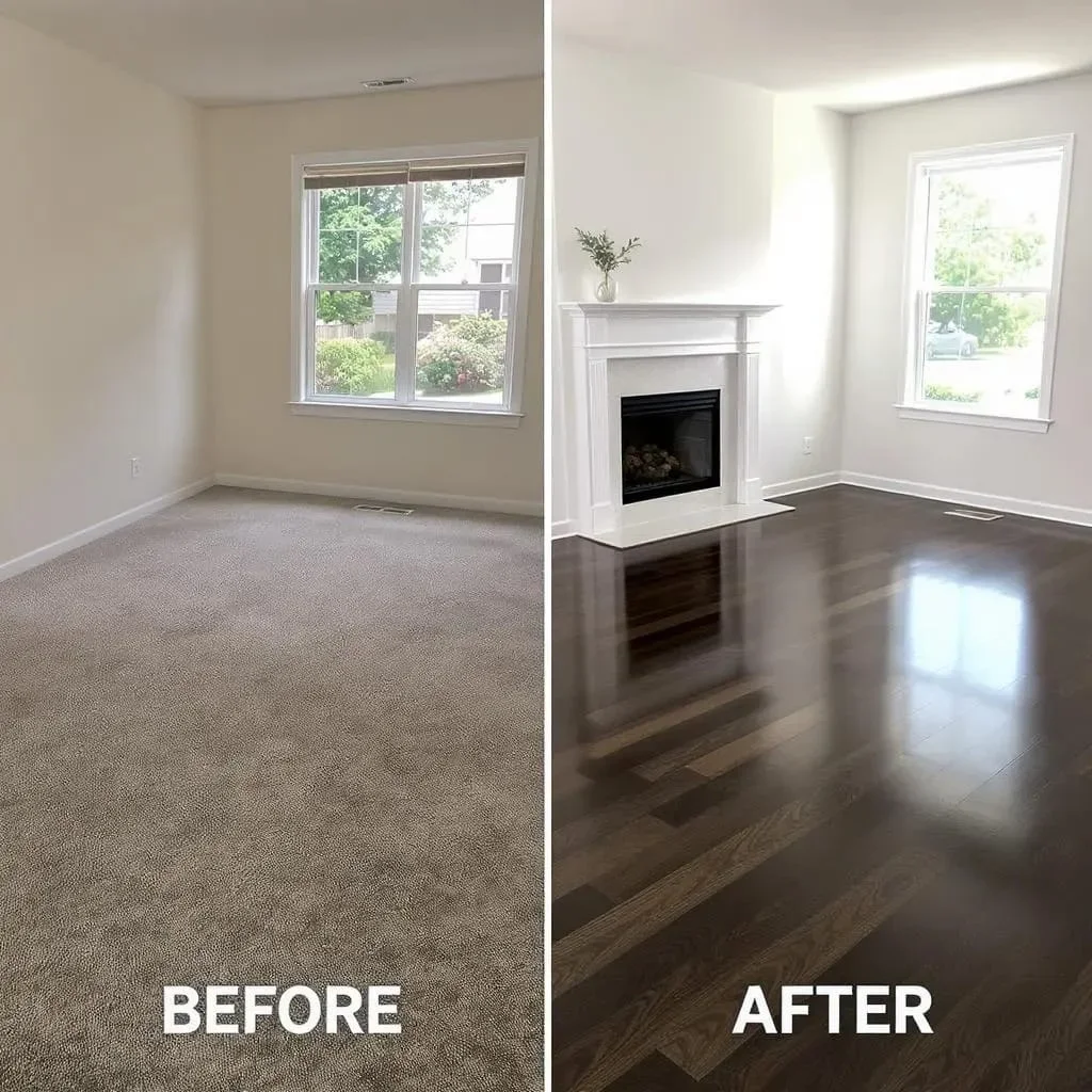 Before and after living room flooring: carpet replaced with dark hardwood, fireplace and windows visible