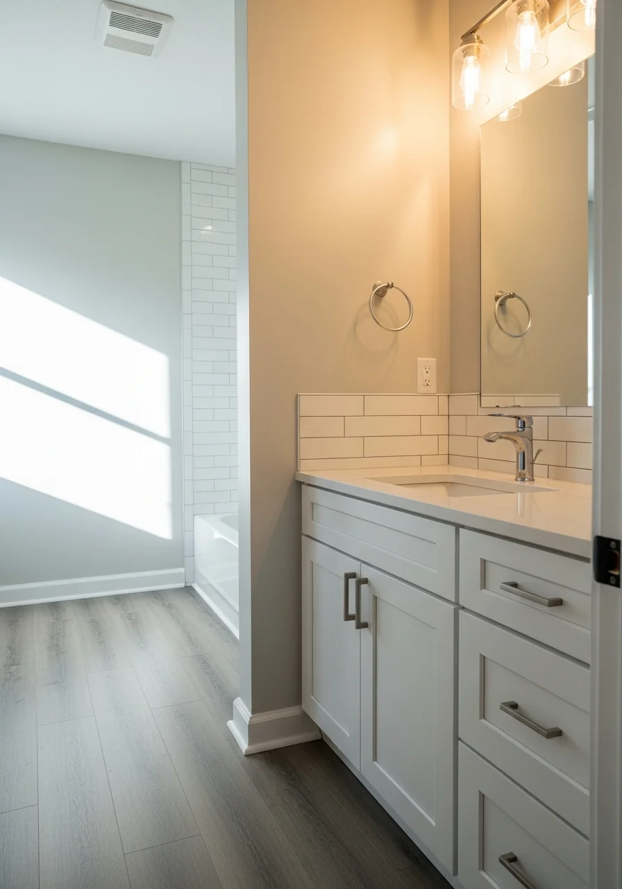 Interior view of a Bowie bathroom renovation with new vanity, updated flooring, and modern lighting fixtures.