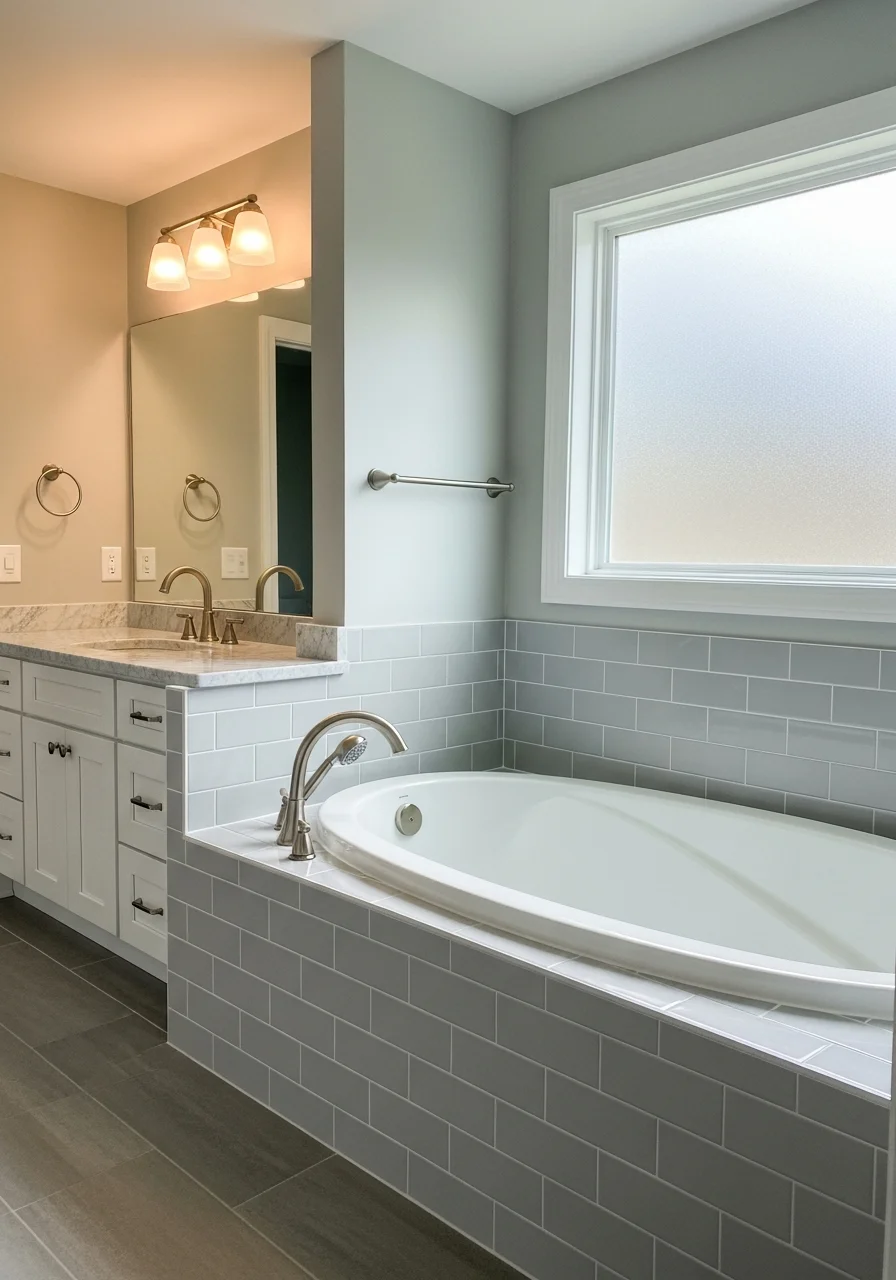 A spa-like bathroom renovation in a Frederick home featuring a soaking tub and updated tile surround.
