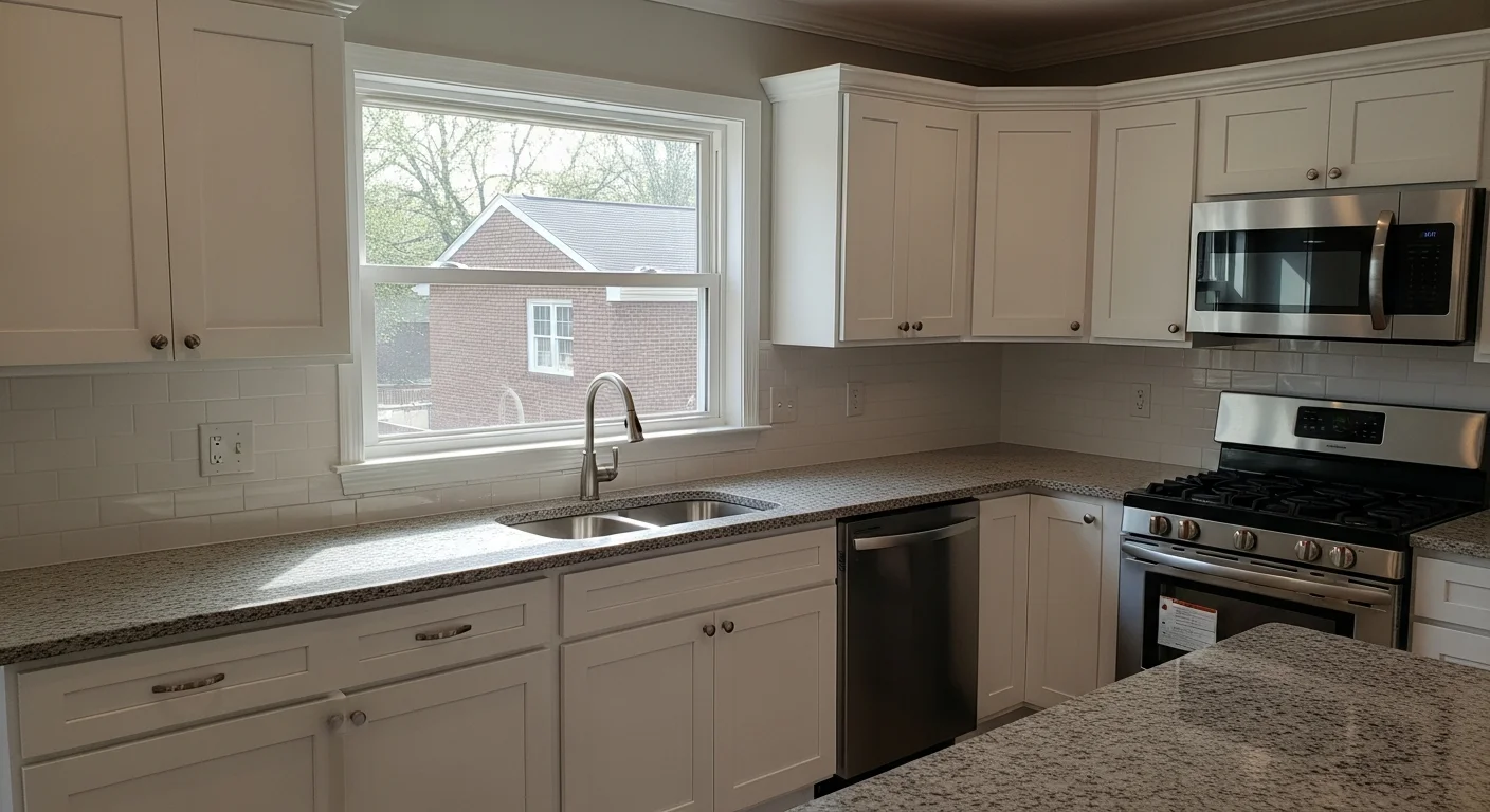 A newly renovated kitchen with white cabinetry, granite countertops, and stainless steel appliances in a Maryland home.