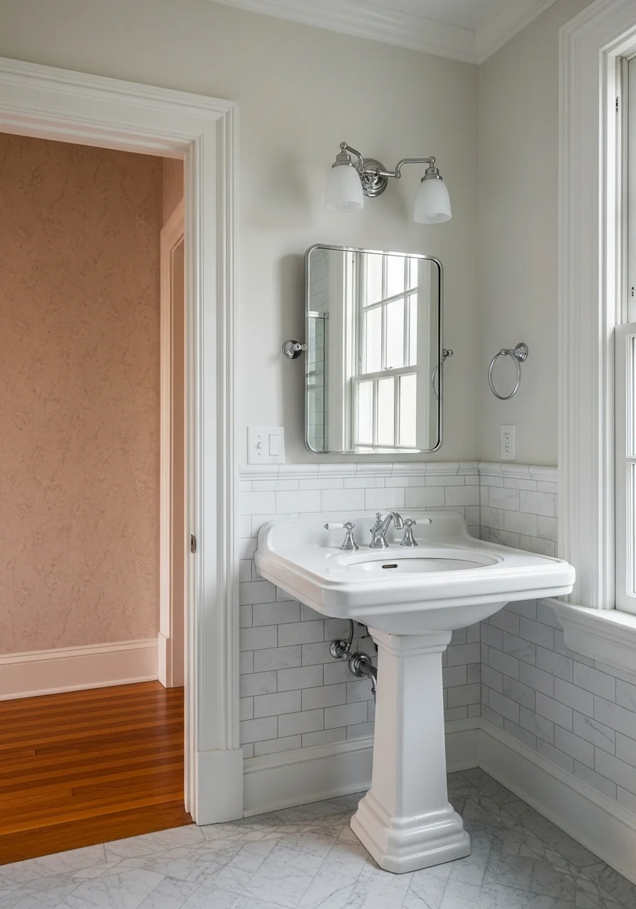 A DC bathroom renovation in a historic home showing updated fixtures, new tile, and preserved architectural details.