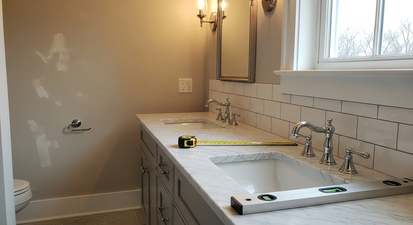 A finished bathroom remodel by Oliver Home Remodeling showing a walk-in shower with floor-to-ceiling tile, a wall-mounted vanity, and updated lighting. The renovation reflects a full gut-and-rebuild project typical of kitchen and bathroom renovation work in a residential home.
