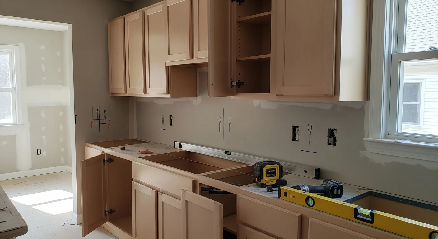 Newly installed white shaker base and upper cabinets in a residential kitchen renovation, with aligned doors, fitted hardware, and open space prepared for countertop installation. Work completed by Oliver Home Remodeling as part of a full kitchen and bathroom remodeling project.