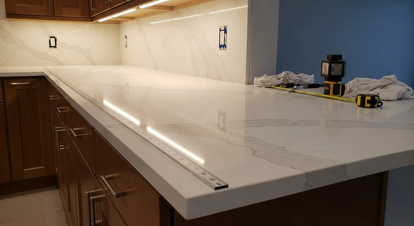 Newly installed stone countertop on white base cabinets in a renovated kitchen, showing a clean surface edge and undermount sink cutout. Oliver Home Remodeling countertop installation project for a kitchen and bathroom renovation.