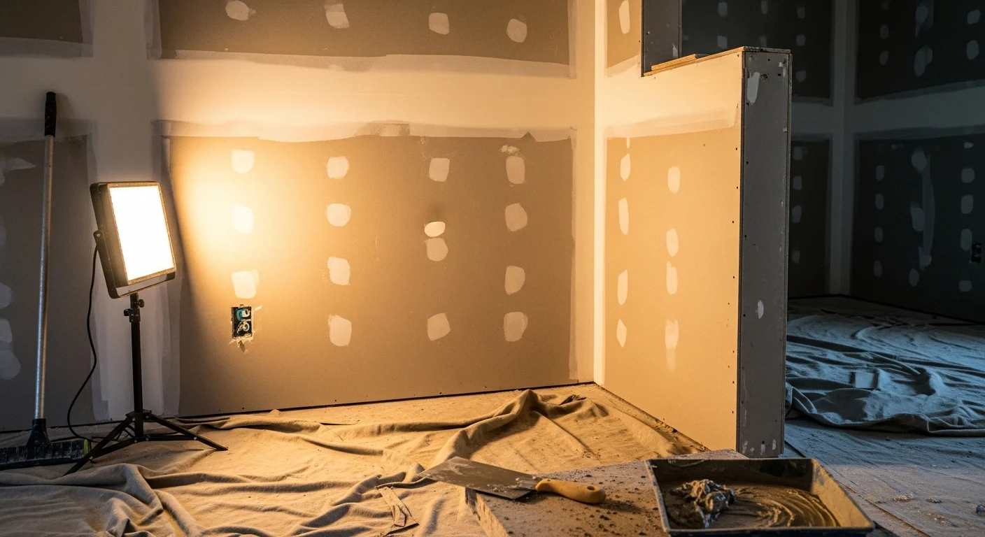 A freshly finished drywall wall in a bathroom renovation showing smooth, sanded surfaces ready for paint, with clean corner bead along the doorway edge. The room is mid-renovation with no fixtures installed, showing the wall prep stage of a kitchen and bathroom remodeling project.