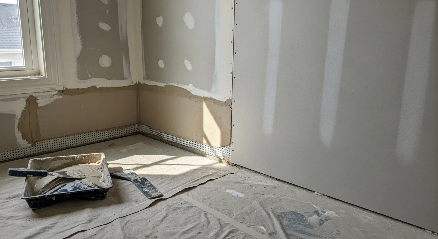 Freshly installed and taped drywall covering the walls and ceiling of a kitchen renovation in progress, with smooth mudded seams ready for paint. A bathroom doorway is visible in the background showing moisture-resistant board installed near the wet zone.