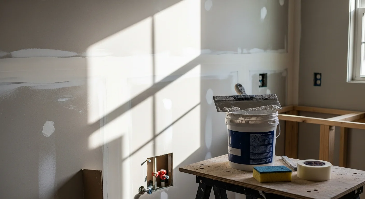 A freshly repaired and smooth drywall wall inside a renovated bathroom, showing a seamless patch with no visible seams, ready for paint. The repair area blends evenly with the surrounding wall surface near the vanity.