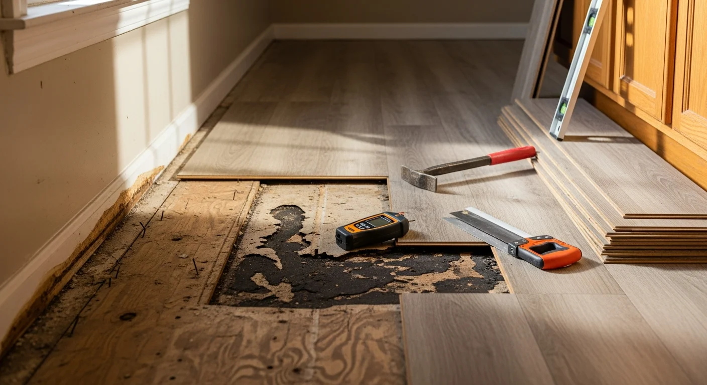 A repaired kitchen floor showing replaced tile sections blending with the surrounding floor surface after a renovation project. Close-up view of a bathroom floor repair where damaged subfloor and cracked tiles have been replaced with matched materials.
