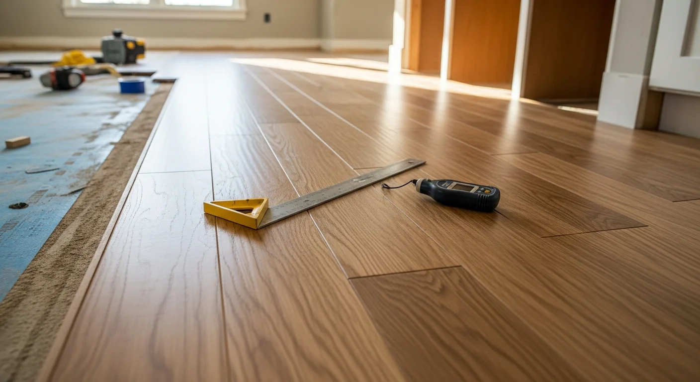 Freshly installed hardwood flooring in a renovated kitchen, showing tight plank seams and a smooth finish running from the kitchen into an adjacent living area. The floor is photographed before cabinet installation as part of a full home remodeling project.