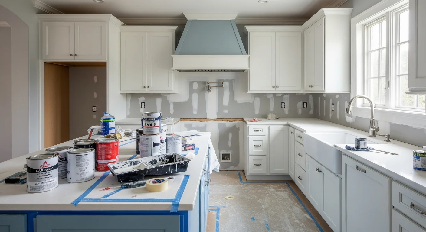 Freshly painted bathroom walls with a satin finish and clean white trim, completed as part of a full bathroom renovation by Oliver Home Remodeling. The kitchen in the background shows newly painted cabinet faces and smooth, even wall color throughout the renovated space.