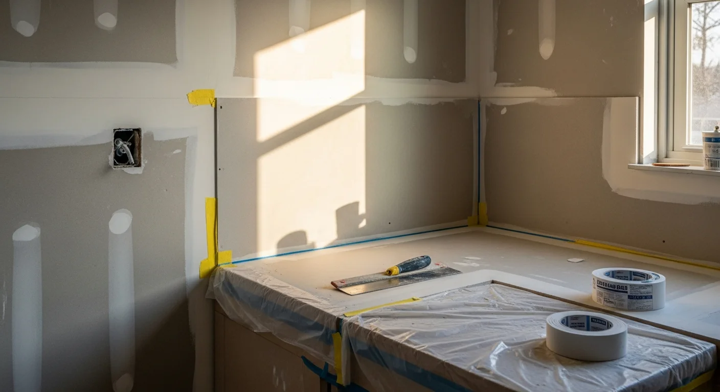Freshly installed and finished interior drywall walls in a kitchen and bathroom renovation, showing smooth, paint-ready surfaces with no visible seams or joints. Oliver Home Remodeling interior wall installation work shown at the drywall finishing stage before tile and paint are applied.