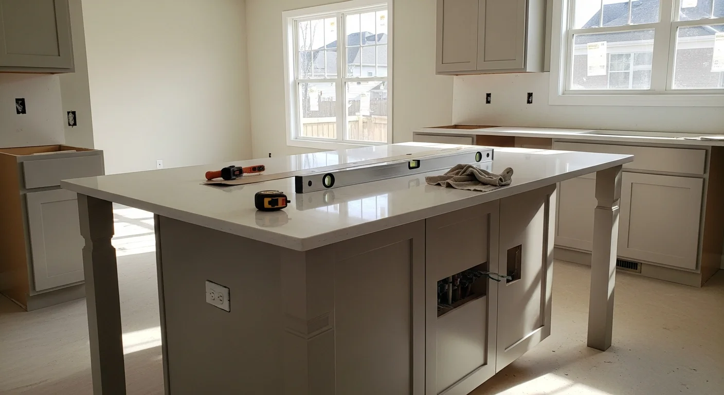 A newly installed custom kitchen island with built-in lower cabinet storage and a stone countertop surface, set inside a renovated kitchen with matching cabinetry. The island includes an overhang with seating clearance and open aisle space on all sides, as completed by Oliver Home Remodeling.