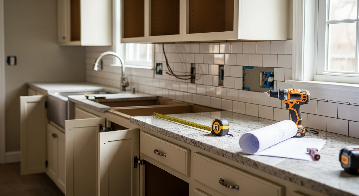 A fully remodeled kitchen by Oliver Home Remodeling featuring new cabinetry, updated countertops, and modern lighting in a residential home. The renovated space shows an open layout with clean finishes typical of kitchen and bathroom remodeling projects in the local area.