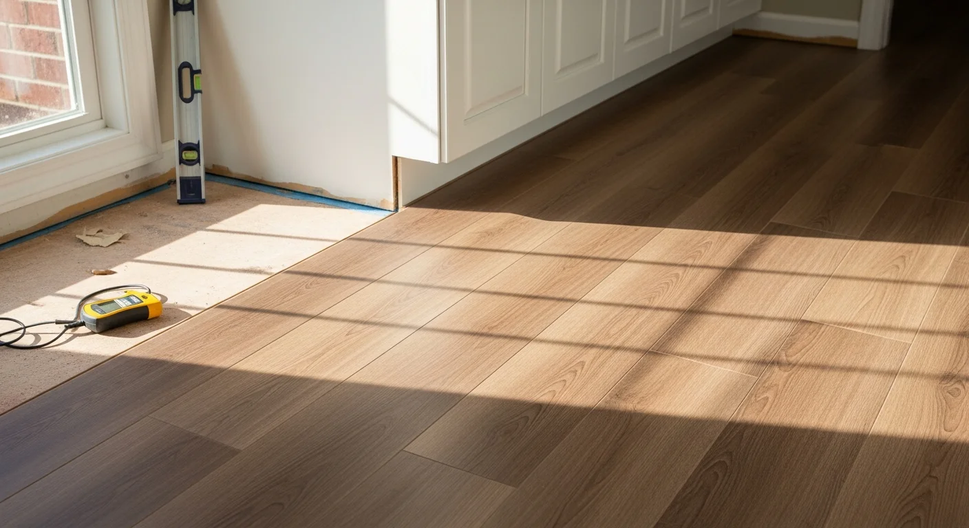 Newly installed laminate flooring with a wood-look finish covering a renovated kitchen floor, showing tight plank seams and clean transitions at the base of white kitchen cabinets. A second view shows the same laminate continuing into an adjoining bathroom with sealed edges around the vanity base.