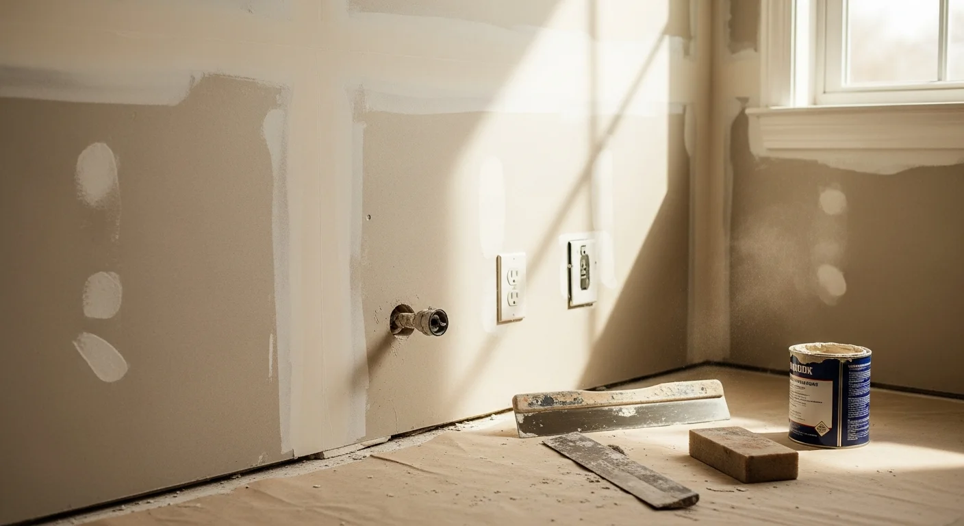 A freshly repaired and smoothed plaster wall in a bathroom renovation, showing a seamless, paint-ready surface with no visible cracks or patches. The wall is adjacent to a tiled shower area, reflecting interior finishing work completed by Oliver Home Remodeling.