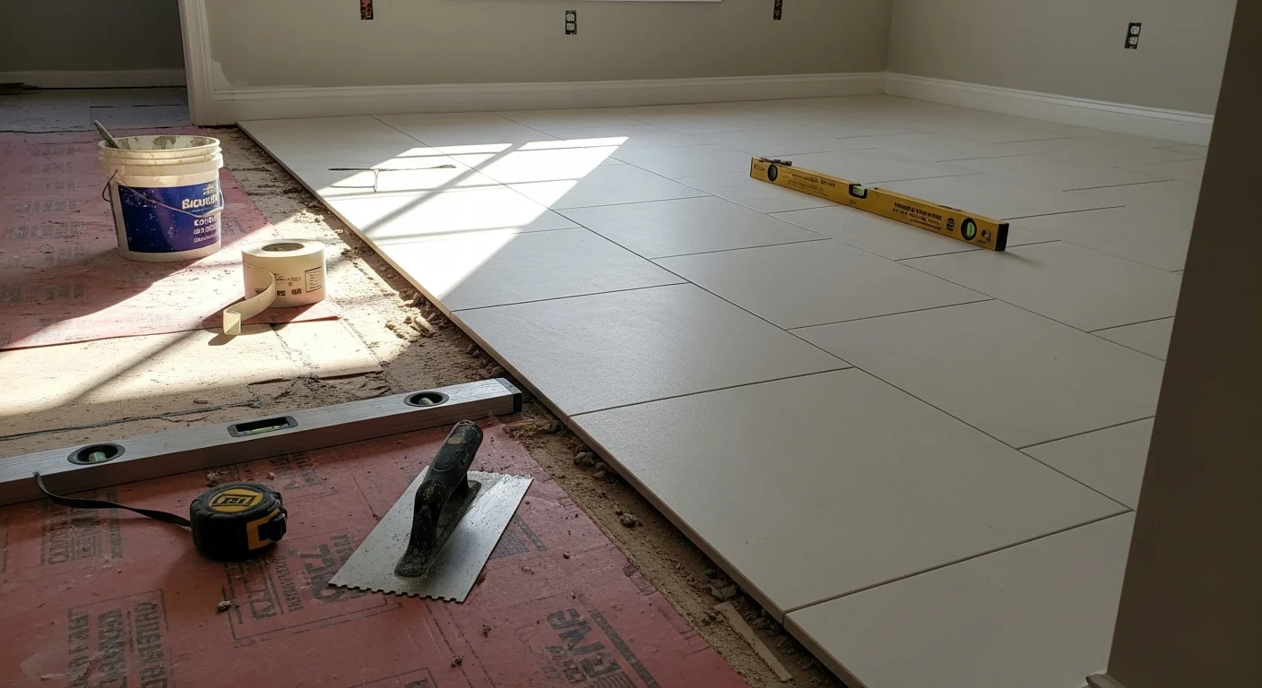 Freshly installed floor and wall tile in a renovated bathroom, showing clean grout lines and a moisture-resistant finish. Oliver Home Remodeling tile installation in a kitchen and bathroom renovation project.