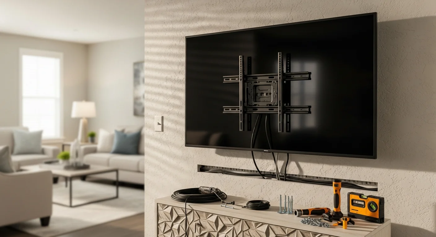 A flat-screen TV mounted flush on a clean interior wall with no visible cables, installed by Oliver Home Remodeling as part of a specialty installation service. The screen is positioned at seated eye level in a finished living space.