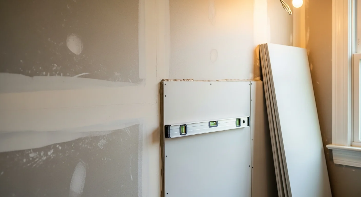 Freshly installed moisture-resistant wall panels covering the full walls of a renovated bathroom, showing clean seamless joints and a smooth surface finish. The installation was completed by Oliver Home Remodeling as part of a kitchen and bathroom renovation project.